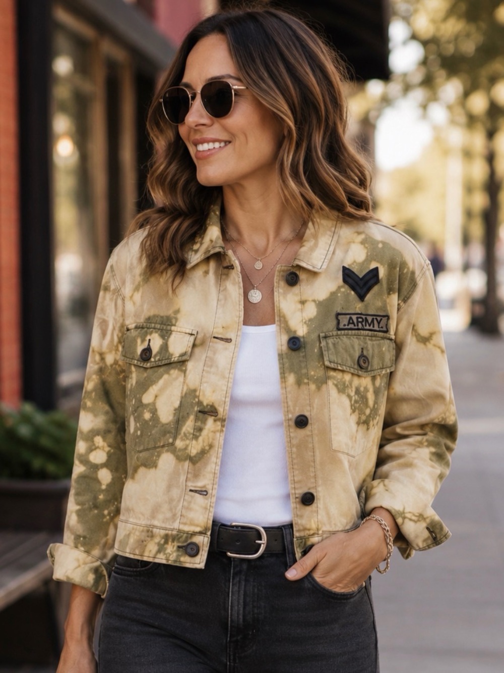 NEW Forever 21 Army Camouflage Military‎ Jacket Sz M Tie Dye Yellow Trucker Moto